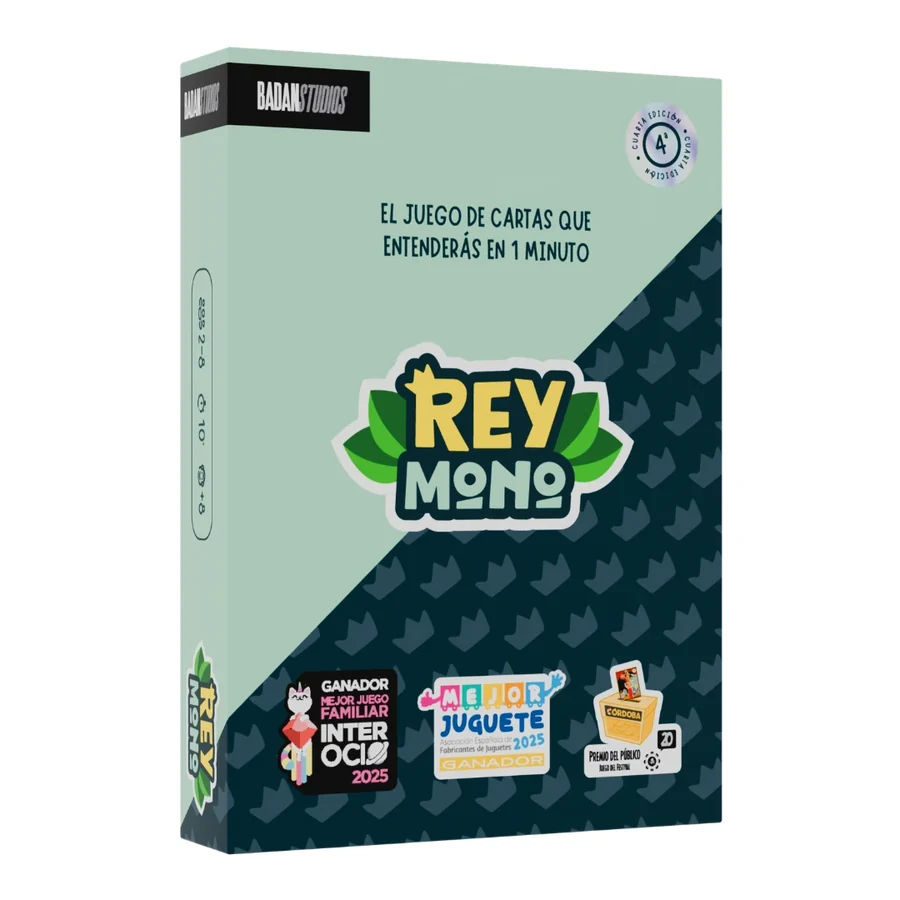 Caja del juego de cartas Rey Mono, verde menta con el logotipo y los tres sellos de premio de 2025