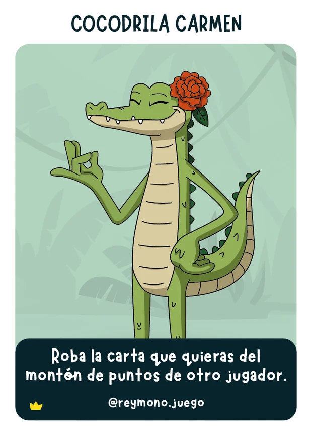 Carta de la Cocodrila Carmen de Rey Mono 2: Traición, con una rosa roja en la cabeza