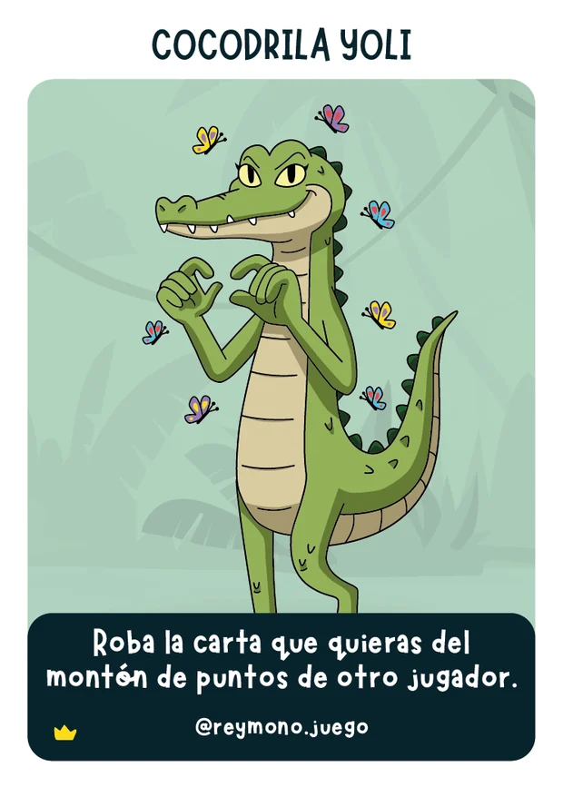 Carta de la Cocodrila Yoli de Rey Mono 2: Traición, rodeada de mariposas de colores