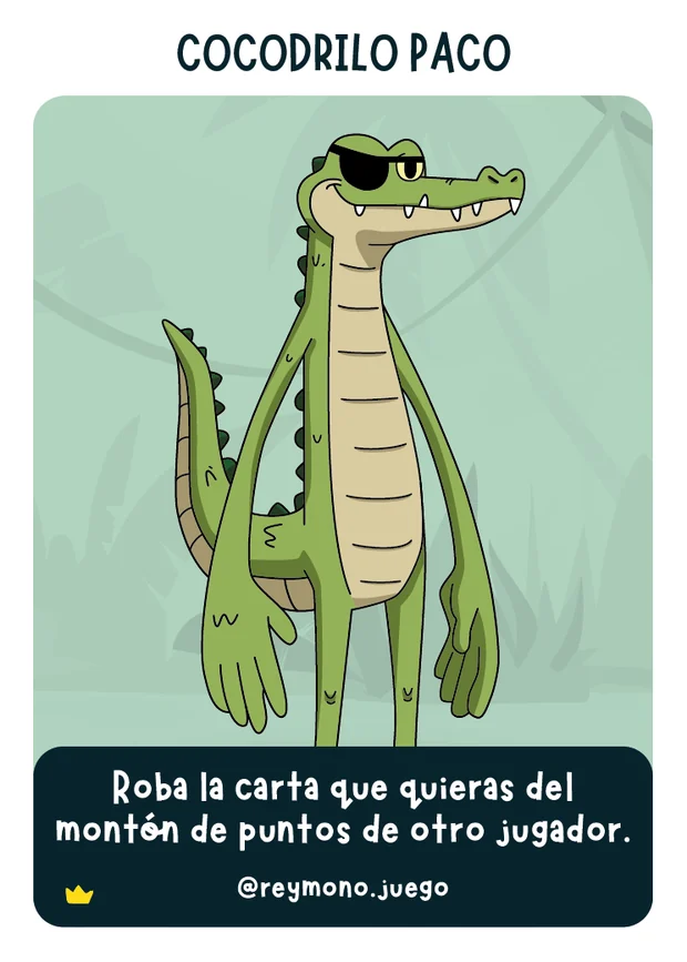 Carta del Cocodrilo Paco de Rey Mono 2: Traición, con parche en el ojo y los brazos caídos
