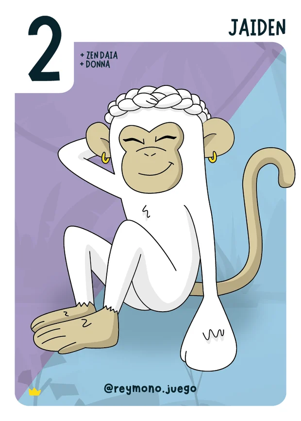 Carta del mono bicolor Jaiden de Rey Mono 2: Traición, con el fondo partido en morado y azul, trenza y pendientes