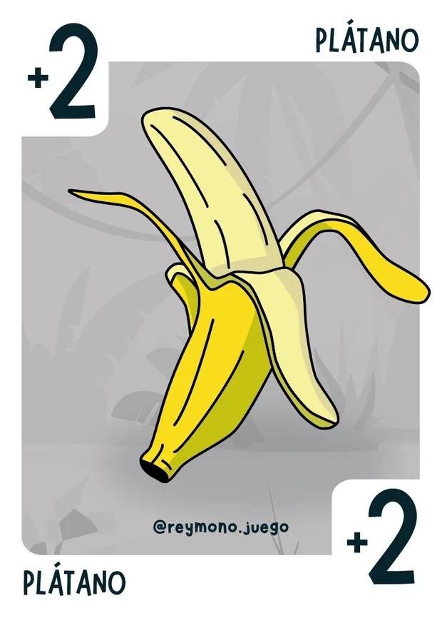 Carta bonus Plátano de Rey Mono, +2 puntos: un plátano abierto sobre fondo gris
