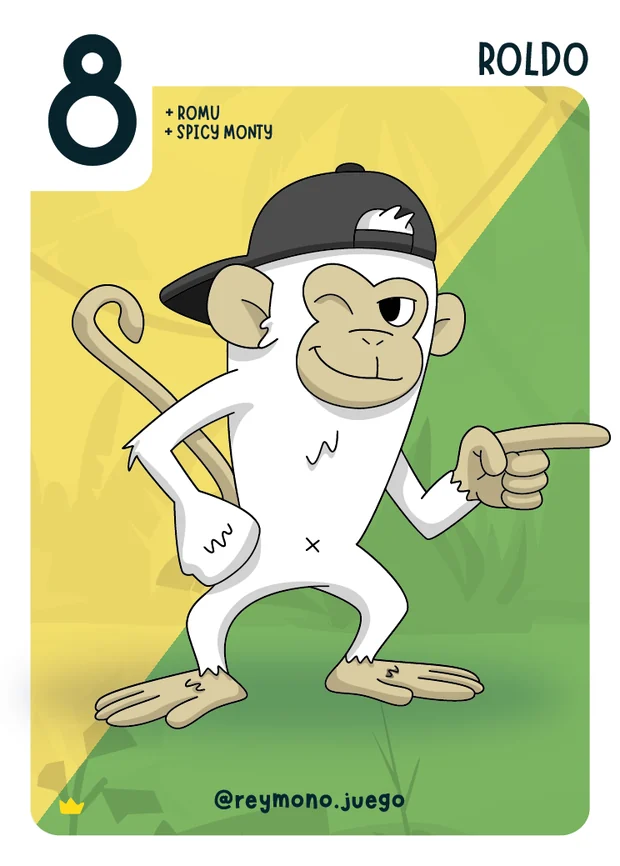 Carta del mono bicolor Roldo de Rey Mono 2: Traición, con el fondo partido en amarillo y verde y una gorra hacia atrás