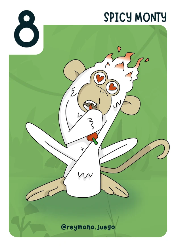Carta Spicy Monty, el mono número 8 de Rey Mono, comiendo un chile con la cabeza en llamas sobre fondo verde