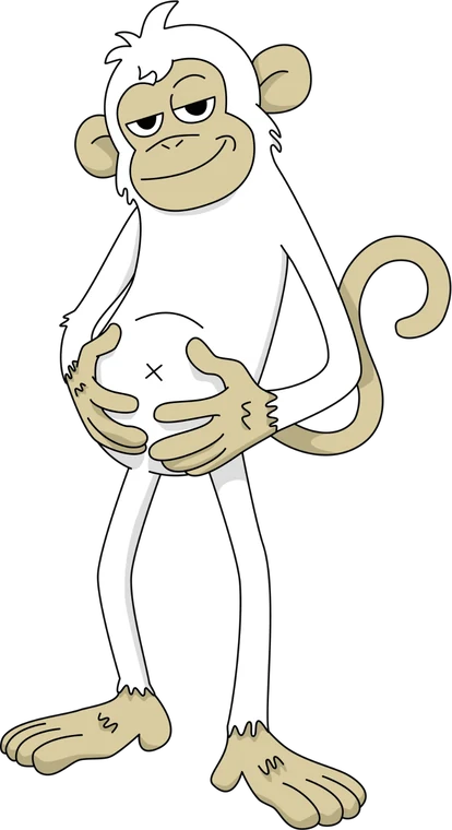 Ilustración de un mono de Rey Mono con cara de satisfecho, sujetándose la barriga